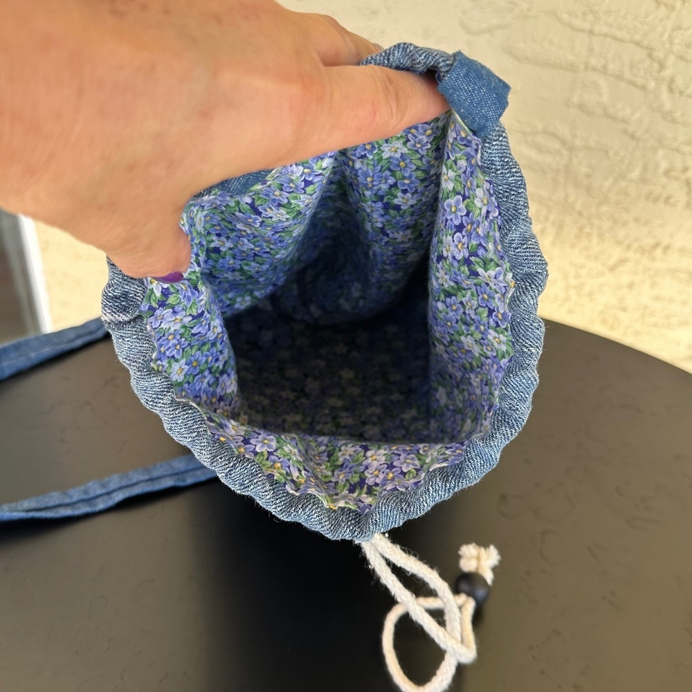 Cute Handmade Denim Drawstring Backpack - Picture 6 of 9